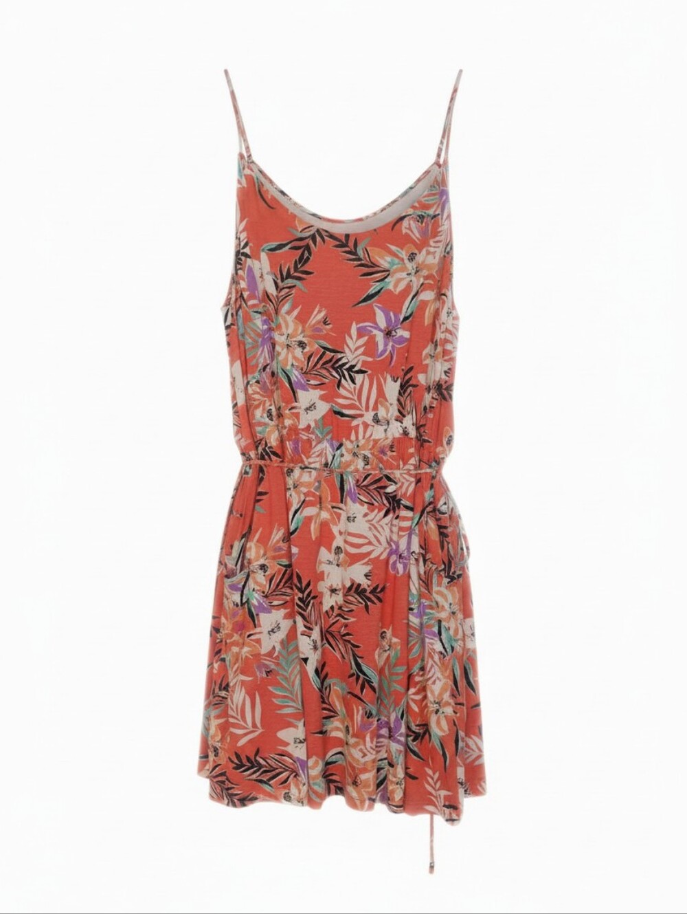 Garage Summery Coral Tropical Tie Waist Mini Dress